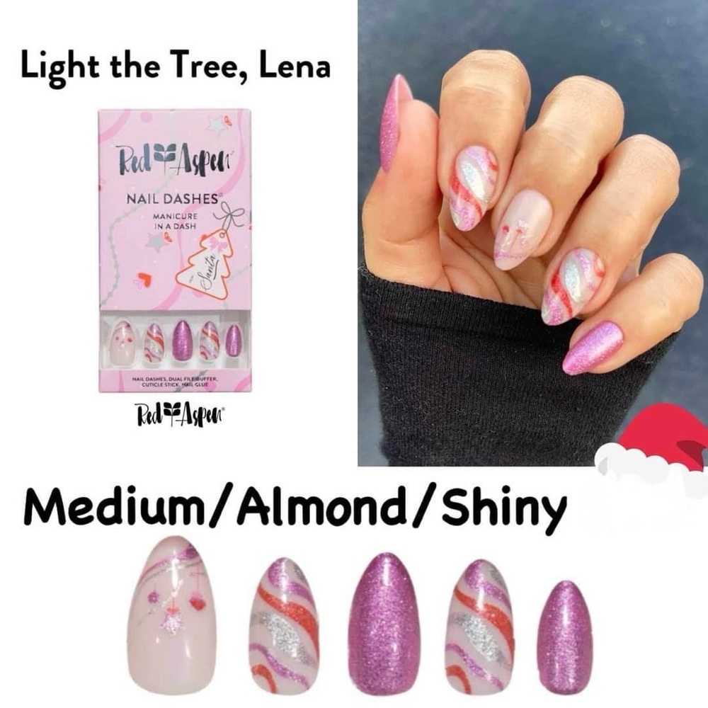 Red Aspen "Light the Tree, Lena" Pink Shiny Almond Press-On Nails